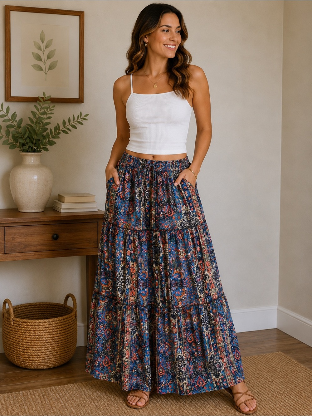 BOHO Tiered Maxi Skirt W/ Pockets Blue Paisley Print Festival Cottagecore